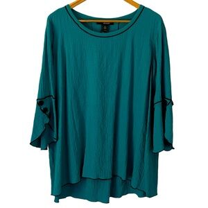 Ali Miles Turquoise & Black Blouse Tunic Crepe Crinkle Fabric Size XL